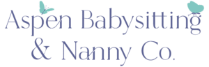 Aspen Babysitting logo, purple text with blue butterflies