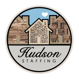 Hudson Staffing logo. image of three houses made of wood, gray and brown in color